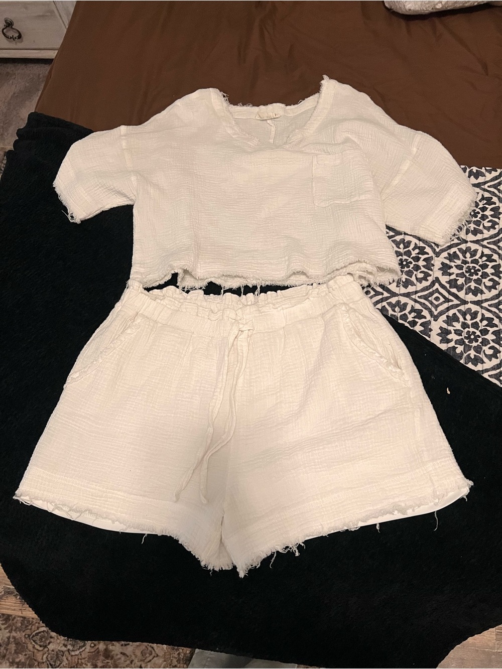 White Two-Piece Gauze Lounge Set - Cropped Top & Shorts